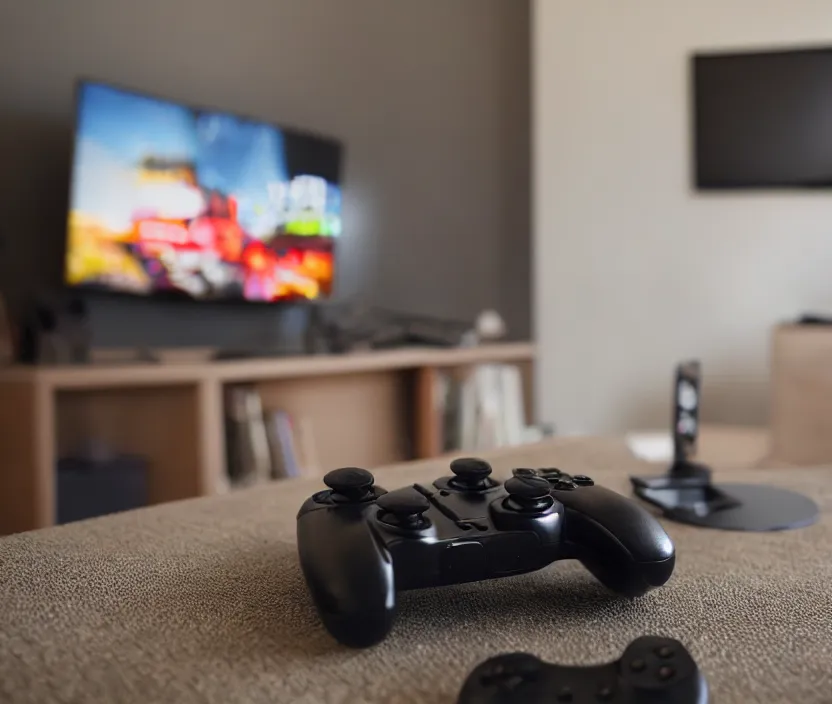 Image similar to game controller sitting on a table with a TV in the background, modern room, depth of field, high detail, complex