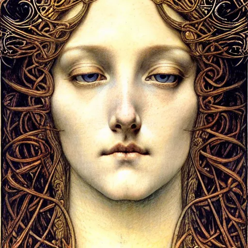 Image similar to detailed realistic beautiful young medieval queen face portrait by jean delville, gustave dore and marco mazzoni, art nouveau, symbolist, visionary, gothic, pre - raphaelite. horizontal symmetry