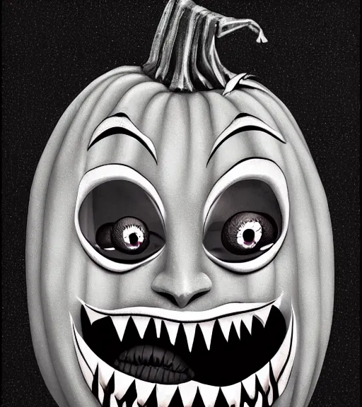 Image similar to a tim burton illustration of a horrifying carved pumpkin face, fat, laughing menacingly, cartoony facial expression, intricate detail, creepy lighting, 4 k artstation, masterpiece