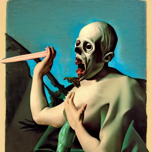 Image similar to low poly painting by caravaggio of a drowned zombie holding a trident with glowing cyan eyes, wearing ragged clothing, holding a trident, underwater, pastel green and blue color palette, low poly