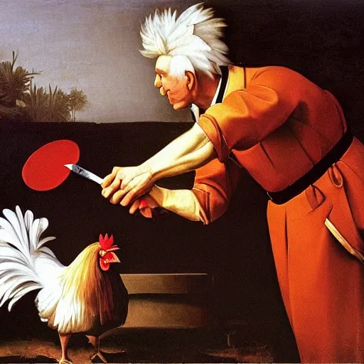 Image similar to Colonel Sanders holding kitchen knife chasing a rooster. Painted by Caravaggio, high detail