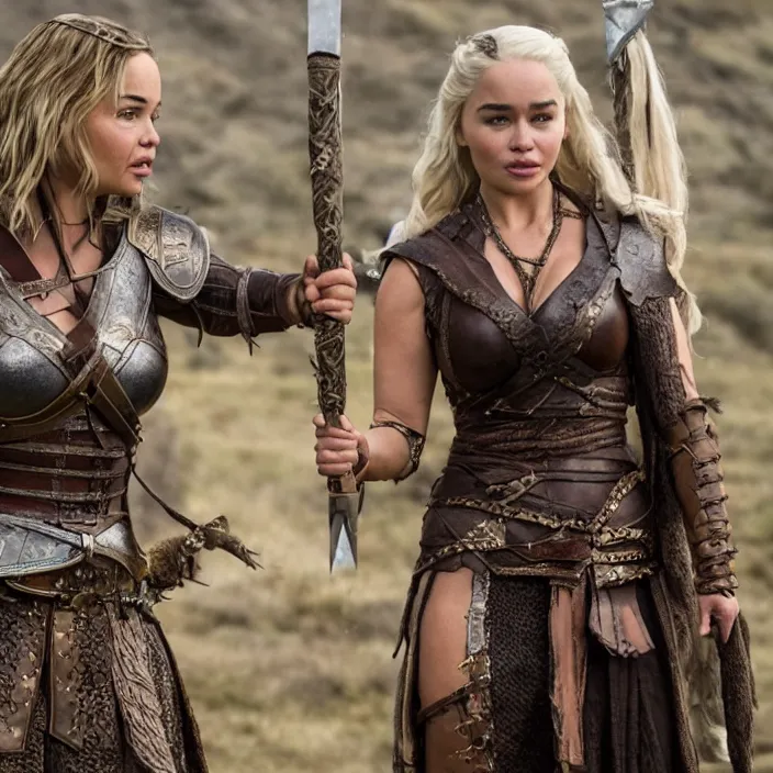 Image similar to movie still of lindsey pelas and emilia clarke as xena