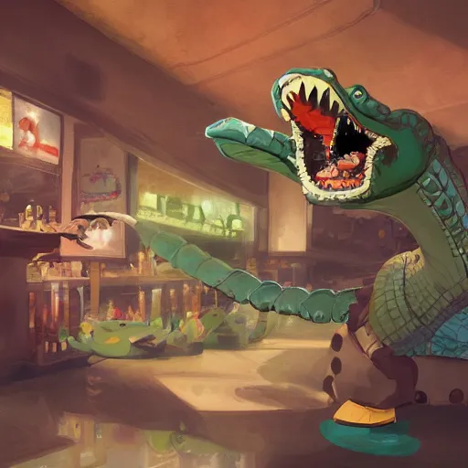 Image similar to raucous laughing crocodile bandit at a bar, overwatch, studio ghibli, ultra detailed, digital painting, trending on artstation, colorful, cinematic, concept art