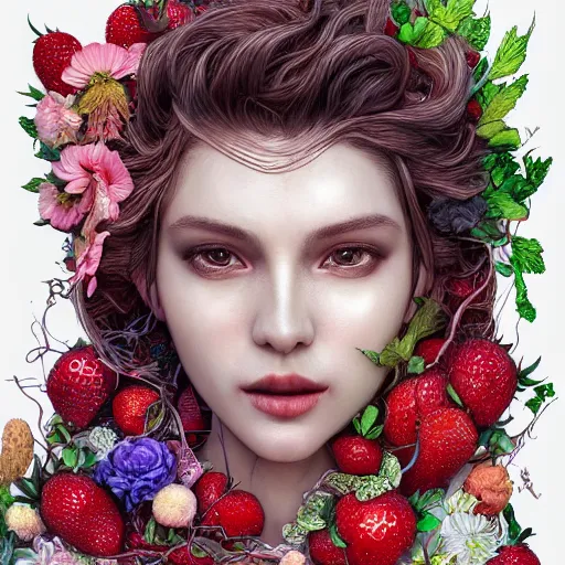 Prompt: the portrait of an absurdly beautiful, graceful, elegant, sexy woman made of strawberries and green petals, an ultrafine hyperdetailed illustration by kim jung gi, irakli nadar, intricate linework, bright colors, octopath traveler, final fantasy, angular, unreal engine 5 highly rendered, global illumination, radiant light, detailed and intricate environment