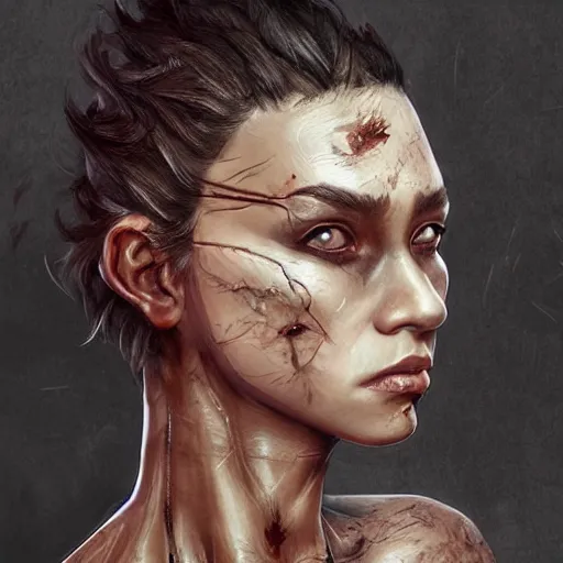 Prompt: beautiful, very strong, mixed race, female, middle aged, face, no makeup, scarred, warrior, head shot, fantasy, highly detailed, digital painting, artstation, concept art, smooth, sharp focus, illustration, art by jodie muir and brom