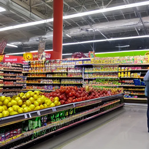 Image similar to Walmart Grocery Store Inside, Cam view, star wars ground battle in the store, using tomatoes, banana as weapons, 40nm lens, shallow depth of field, split lighting, 4k,