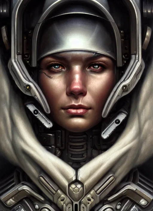 Image similar to closeup portrait shot of a cyborg soldier in a scenic dystopian environment, intricate, elegant, highly detailed, centered, digital painting, artstation, concept art, smooth, sharp focus, illustration, artgerm, tomasz alen kopera, peter mohrbacher, donato giancola, joseph christian leyendecker, wlop, boris vallejo