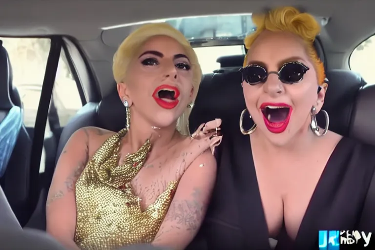 Image similar to lady gaga and judy garland carpool karaoke, highly realistic, highly detailed, high resolution, 8 k 4 k,