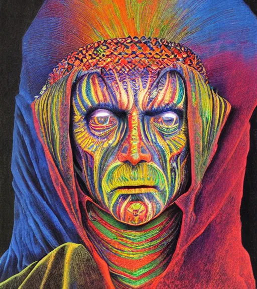 Image similar to Portrait painting in a style of Beksinski mixed with Alex Grey of an old shaman dressed in a colorful traditional clothes. Very psychodelic