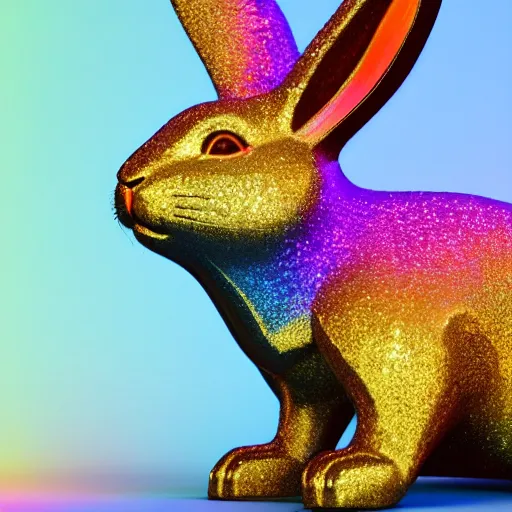 Image similar to A bunny is surrounded by rainbow colored gems and crystals. 8k, Octane Render, High Detail, Ray-tracing.