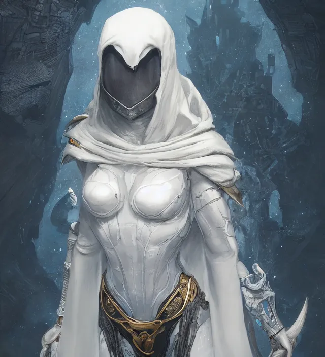 Image similar to female moon knight, hyper detailed, digital art, trending in artstation, cinematic lighting, studio quality, smooth render, unreal engine 5 rendered, octane rendered, art style by klimt and nixeu and ian sprigger and wlop and krenz cushart