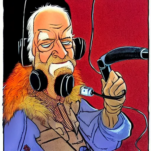 Prompt: drawn in the style of jean giraud!! rackham the red wearing headphones and speaking into big microphone, podcast studio