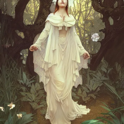 Prompt: beautiful girl wearing a black cloak standing in a forest, intricate, art by artgerm and greg rutkowski and alphonse mucha and william - adolphe bouguereau, high detailed, 4 k,