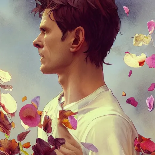 Image similar to a portrait of willem defoe looking up as flower petals flow gently as a breeze blows them from left to right on a cloudy day with blue skies, art by artgerm and greg rutkowski and magali villeneuve and alphonse mucha and rossdraws and makoto shinkai, d & d, fantasy, highly detailed, digital painting, trending on artstation