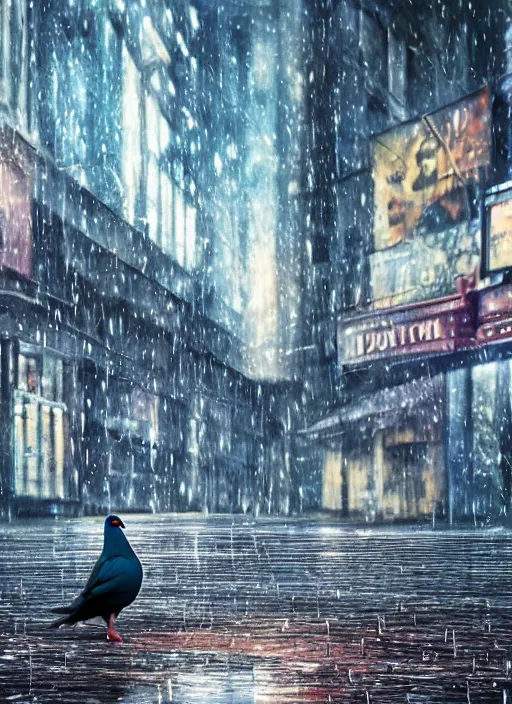 Prompt: oil painting of a lone pigeon in a futuristic city, portrait, raining, 4 k, detailed, realistic, gritty, buildings, streets, dystopian