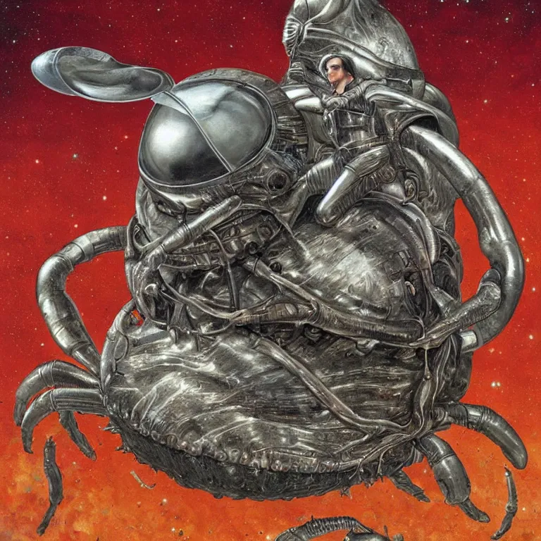 Image similar to painting by wayne barlow and carlo crivelli, a woman in a skintight silver shining spacesuit riding on the back of a giant alien crab on a dramatic red rocky planet