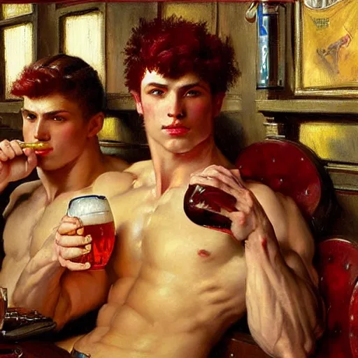 Image similar to attractive muscular male with red hair and muscular attractive male with black hair, drinking their hearts out, in a pub. very defined and highly detailed painting by j. c. leyendecker, gaston bussiere, craig mullins 8 k