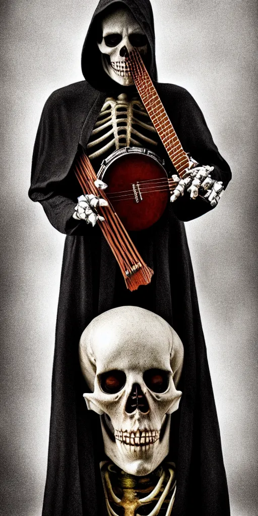 Prompt: cinematic shot epic portrait skeleton wearing a dark robe playing a banjo, hyper realistic, mood lighting, fantasy, detailed face, highly detailed, super realistic, perfect lighting pixel sorting