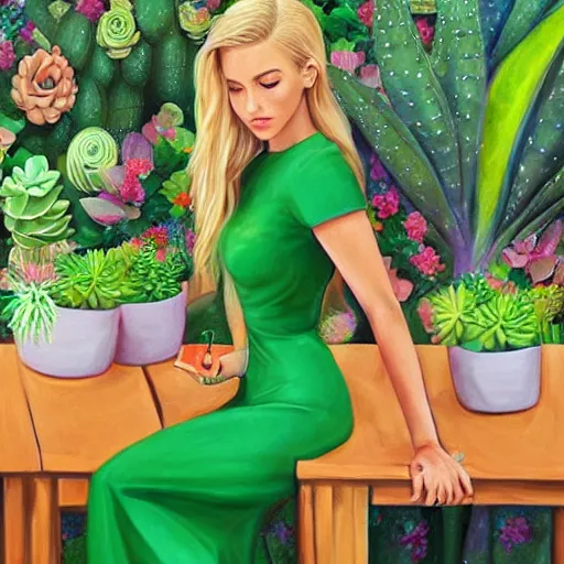 Image similar to painting by Artgerm of a beautiful blonde woman with shoulder length hair in a forest green dress putting colorful succulents into rainbow pots at a square table