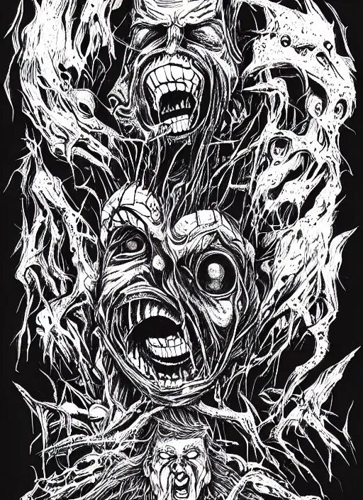 Image similar to Donald Trump's disgusting true form on a 1990s horror movie poster, inking, vintage 90s print, detailed, scary, horror, screen print, bright colors, trending on artstation