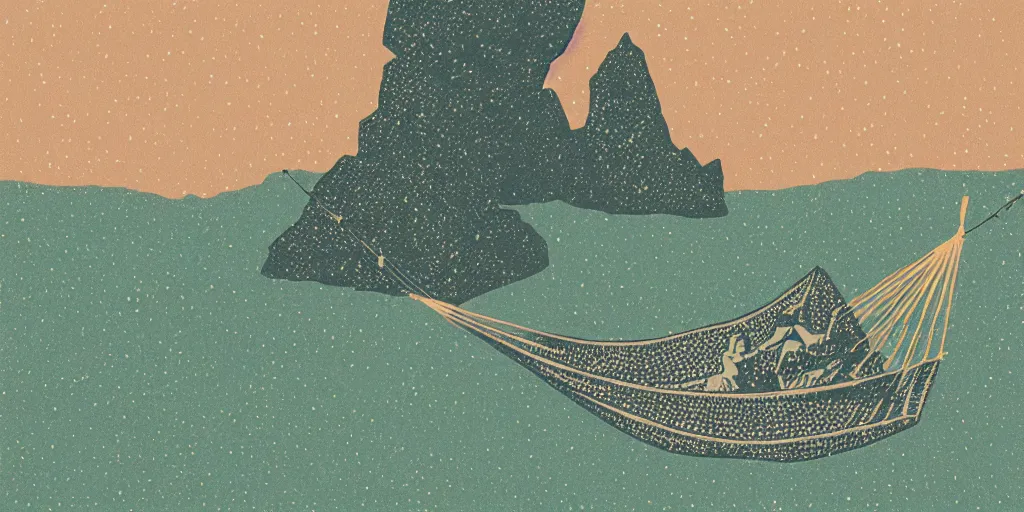 Prompt: a hammock under the stars next to an impossible rock formation with comets and trees, 1940s faded risograph print, illustration, limited color palette, earthtones, double-exposure, astrophotography