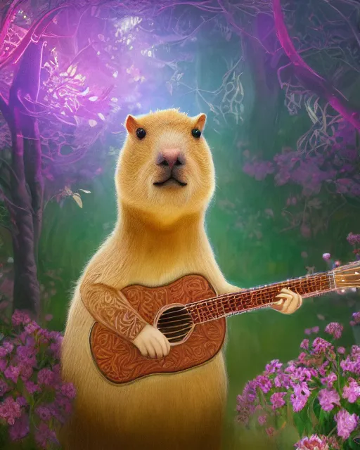 Image similar to Capybara playing Guitar in magical forest, portrait, wearing flower crown, magical notes, flowers, flower dress, birds, fairy atmosphere, magic the gathering artwork, D&D, fantasy, cinematic lighting, centered, symmetrical, highly detailed, digital painting, artstation, concept art, smooth, sharp focus, illustration, volumetric lighting, epic Composition, 8k, art by Akihiko Yoshida and Greg Rutkowski and Craig Mullins, oil painting, cgsociety