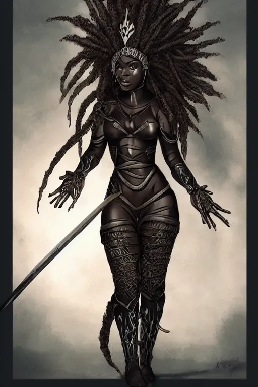 Image similar to beautiful ninja african princess with an afro. wearing cloak, medieval body armor, artgerm, trending on artstation, character concept art, border and embellishments inspired by giger.