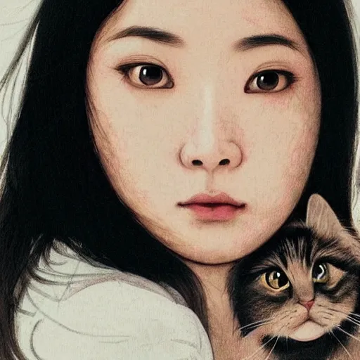 Image similar to cute emo taiwanese woman, with long dark hair, thick eyebrows!!! dark eyes and dark circles!, wide nose!!!, big eyes, oval face shape, big cheeks!, she is holding a cat in her arms, by juan villafuerte, greg rutkowski and alphonse mucha, pexels contest winner, high quality photo, hd rtx