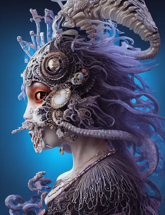 Prompt: 3 d goddess of death close - up profile portrait with ram skull. beautiful intricately detailed japanese crow kitsune mask and clasical japanese kimono. betta fish, jellyfish phoenix, bio luminescent, plasma, ice, water, wind, creature, artwork by tooth wu and wlop and beeple and greg rutkowski
