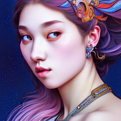 Image similar to portrait of jossi of blackpink, goddess of the moon, highly detailed, digital painting, smooth, sharp focus, illustration, ultra realistic, 8 k, art by artgerm and alphonse mucha