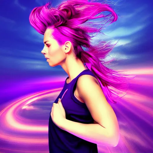 Prompt: a award winning upper body portrait of a beautiful woman in a tanktop with a ombre purple pink hairstyle with head in motion and hair flying, outrun, vaporware, vivid colors, highly detailed, fine detail, intricate