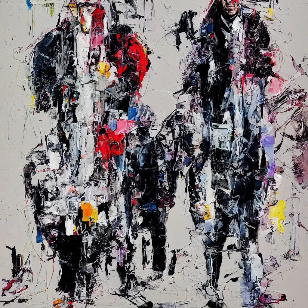 Image similar to Joe Biden full body portrait, Techwear, Cyberpunk, painting by Ralph Steadman, Francis Bacon, Hunter S Thompson