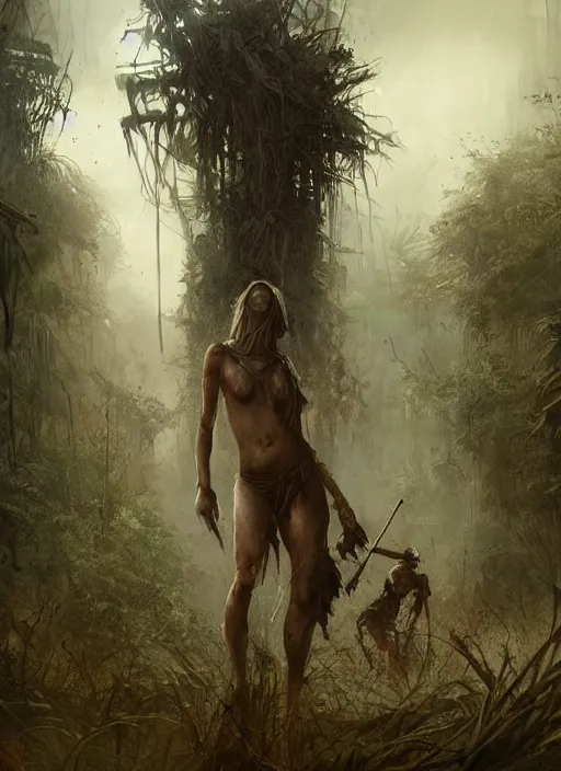 Prompt: a tribal woman and a soldier discovering a post apocalyptic city overgrown with lush vegetation, by Luis Royo, by Greg Rutkowski, dark, gritty, intricate, backlit, strong rimlight, cover illustration, concept art, volumetric lighting, volumetric atmosphere, sharp focus, octane render, trending on artstation, 8k