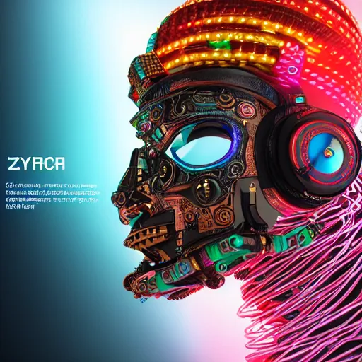 Image similar to a detailed vcyberpunk aztec rococo robot head wearing multicolored wires and headphone, 8 k, front view, symetrical, flourescent colors, halluzinogenic, multicolored, exaggerated detailed, front shot, 3 d render, octane