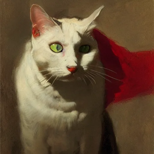 Image similar to portrait of an evil cat wearing a red cape, by jeremy mann, anders zorn.