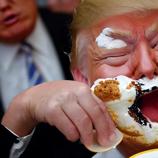 Image similar to crying donald trump in a highchair with pudding all over his face, gettyimages