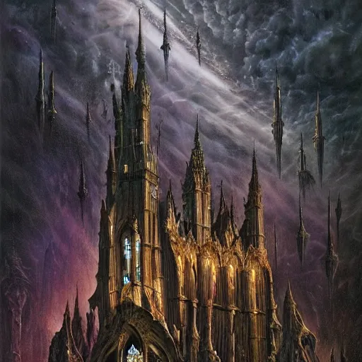 Image similar to a dark gothic castle made of skulls and bones and skeletons, tall spires, epic nebula, Dan Seagrave art