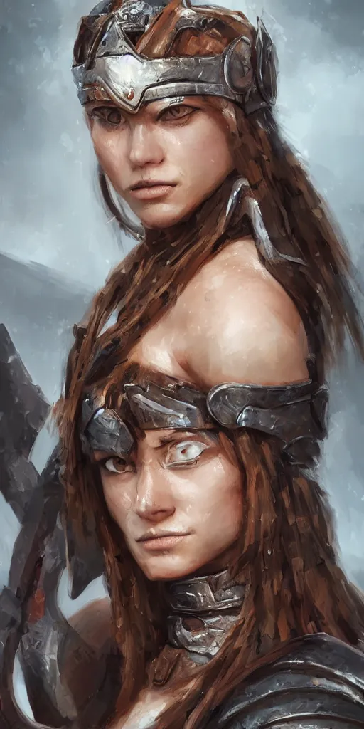 Image similar to head and shoulders portrait of a barbarian female, ultra sharp, very detailed, high quality focus by wlop