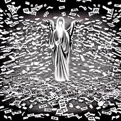 Image similar to vhs static overlay of angel apparition, surrounded by money falling like confetti, vhs, 1 9 9 0, highly realistic, highly detailed, vhs noise static, black and white, vhs glitch