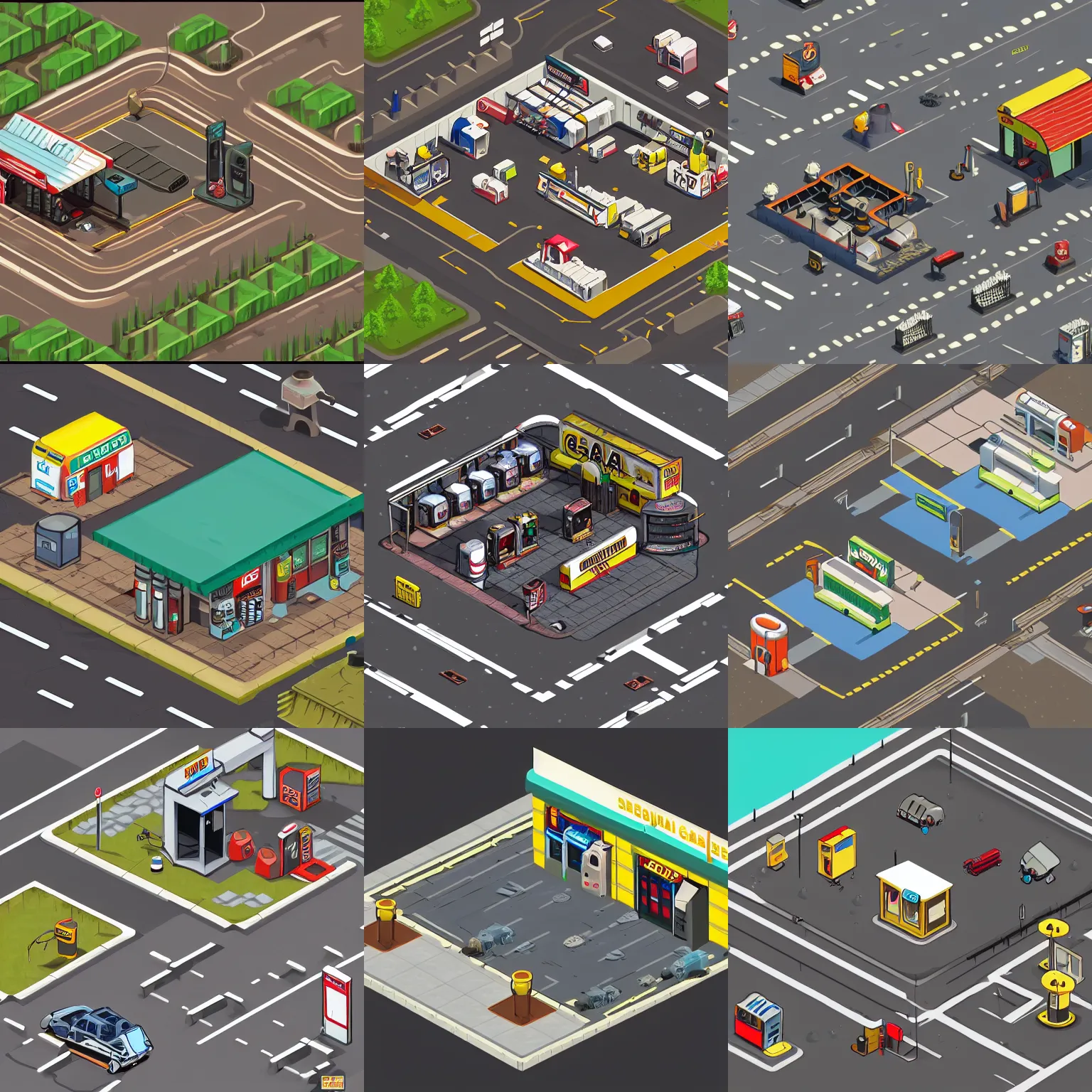 Prompt: a post apocalyptic gas station in a 2 d video game, isometric view