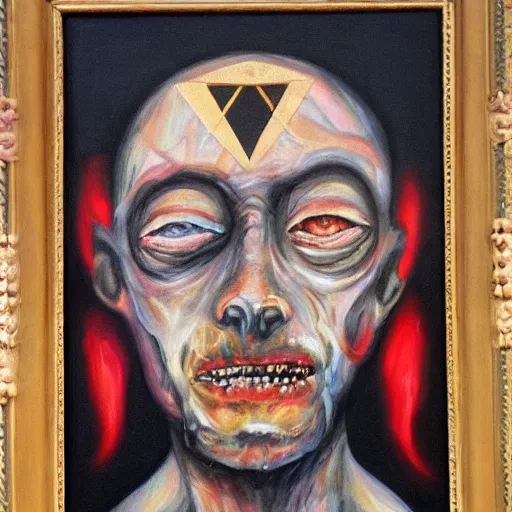 Image similar to portre of an autistic demon on acid, masonic and kabalistic symbols in background, oil painting