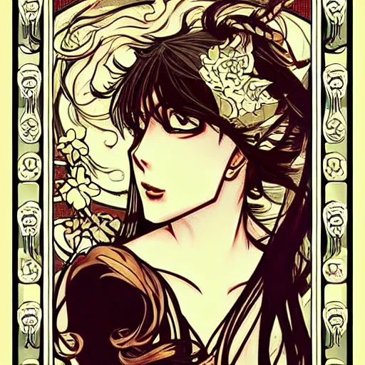 Prompt: anime manga skull portrait woman comic skeleton illustration style by Alphonse Mucha pop art nouveau