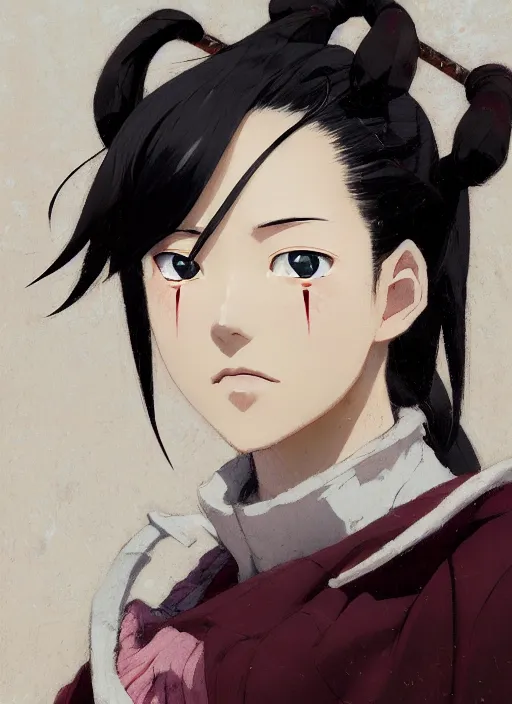 Image similar to portrait of Nezuko Kamado from Demon Slayer Anime, countryside, calm, fantasy character portrait, dynamic pose, above view, sunny day, thunder clouds in the sky, artwork by Jeremy Lipkin and Giuseppe Dangelico Pino and Michael Garmash and Rob Rey, very coherent asymmetrical artwork, sharp edges, perfect face, simple form, 100mm