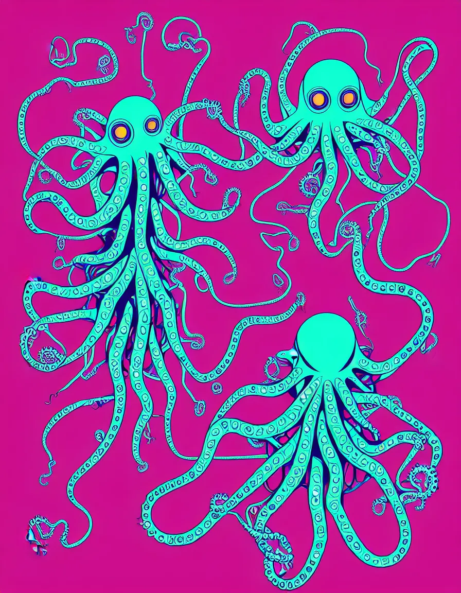 Prompt: psychedelic concert poster cyborg robotic symmetrical octopus, vector art, 8k, trending on artstation, typographic concert poster