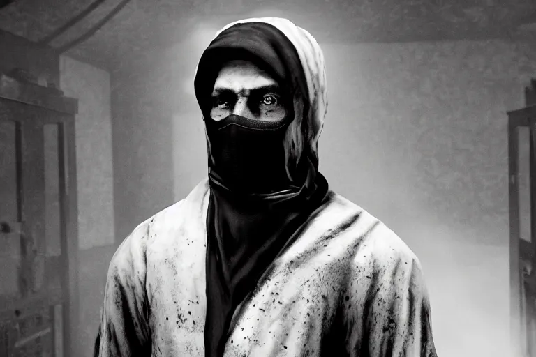 Image similar to a cinematic portrait of a prisoner dressed in a a black and white hazmat suit in a small prison cell, red dead redemption 2, dust storm, annie leibovitz and zack snyder, 8 k, hd, high resolution, 8 5 mm, f / 1. 8