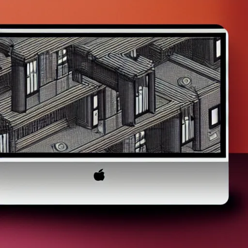 Image similar to a macintosh computer in the style of m. c. escher