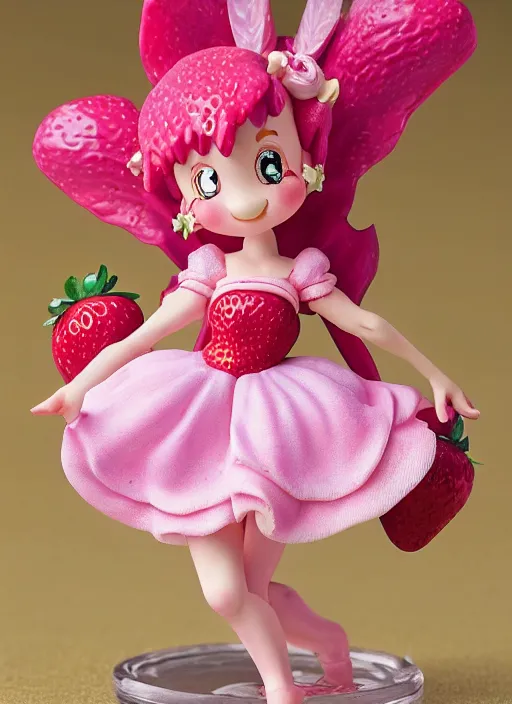 Image similar to a wholesome femo figurine of a cute funny strawberry fairy with freckles wearing a frilly floral strawberry dress featured on doom eternal by studio ghibly and disney made of strawberry jam jar, pastels, wide angle, dynamic dancing pose, 🎀 🍓 🧚