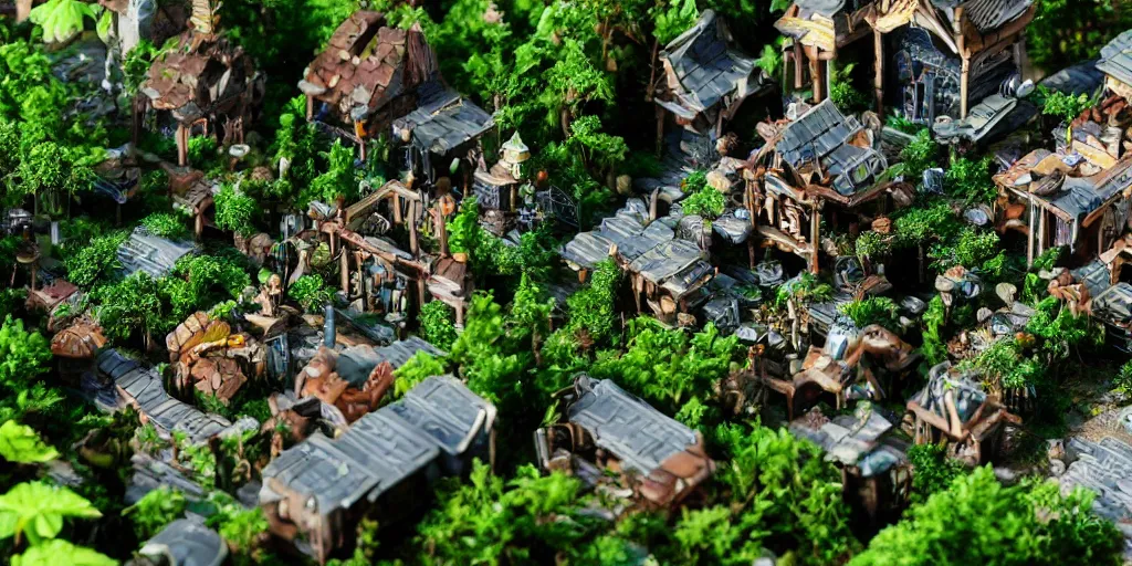 Image similar to PC motherboard village, fantasy, trees, green plants, broken parts, houses on motherboard, mold, tiny villagers, PC hardware, high quality, highly detailed