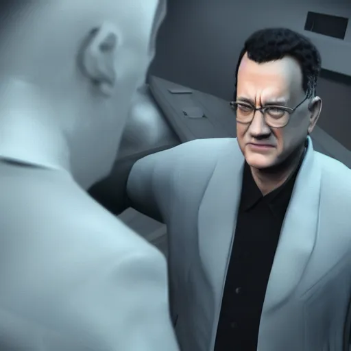 Prompt: a highly detailed matte portrait of tom hanks as a sam fischer, spy novel by tom clancy, unreal engine, volumetric lighting, exquisite detail, 8 k, in a vaporwave and aetherpunk style