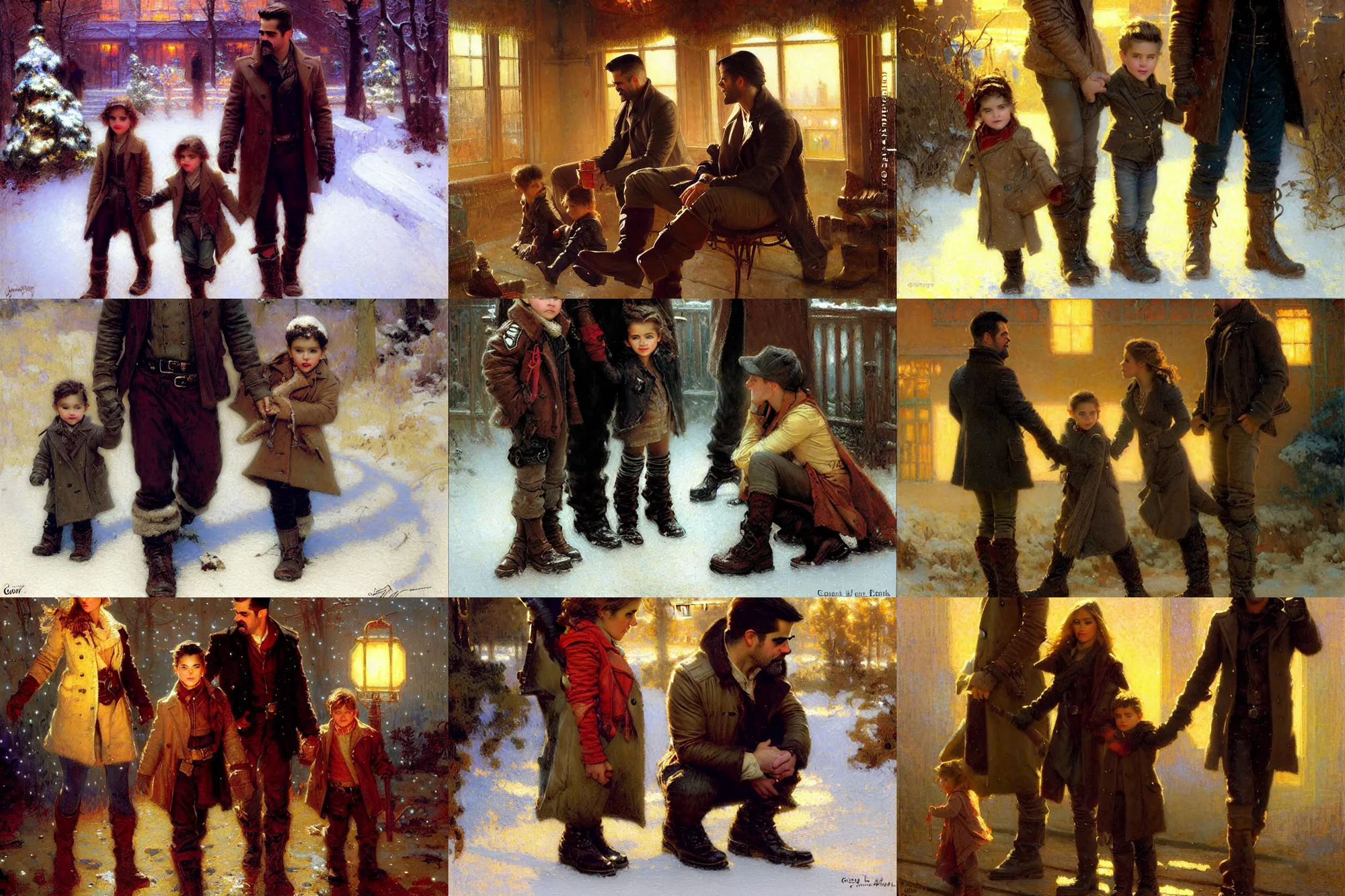 Prompt: winter, wearing boots colin farrell with jessica alba girl, with their son, neon light, painting by gaston bussiere, craig mullins, j. c. leyendecker